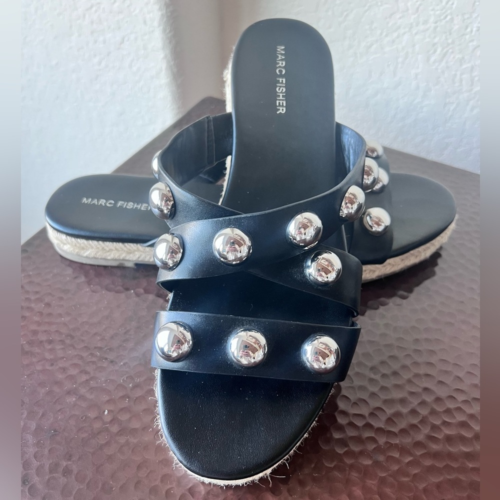 Marc Fisher Prisca Ball-Studded Espadrille Slide Sandals Black Leather | Size 11